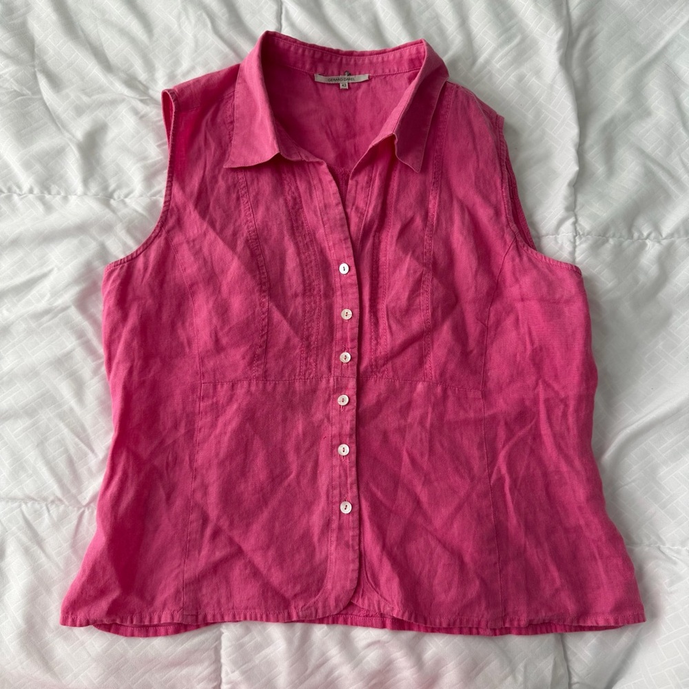 Gerard Darel 100% Linen Button Down Tank Top Women’s FR 42 (M) Hot Pink Preppy